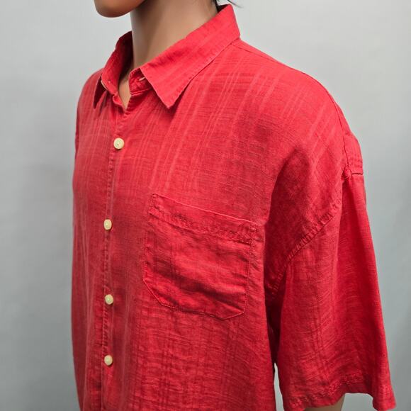 TOMMY BAHAMA Linen Shirt Men XXL 2XL Short Sleeved Coral Orange Red Plaid - Picture 7 of 12